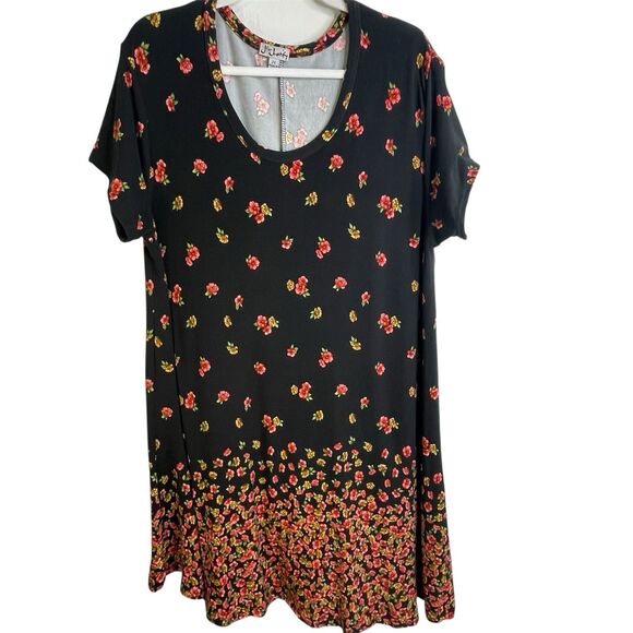 J for Justify Dress Stretch SZ 2X Floral Black‎ Red Midi Boho A-Line Flare - Picture 1 of 14